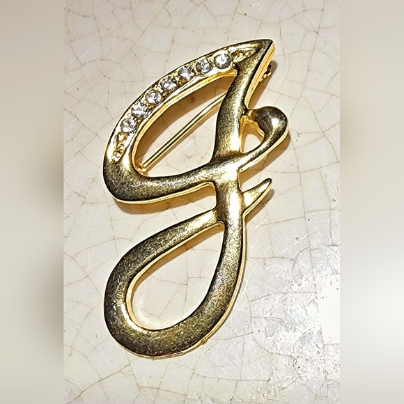 1990s Gold and rhinestone cursive g brooch, initial, gorgeous, girl, girlfriend - Picture 1 of 5